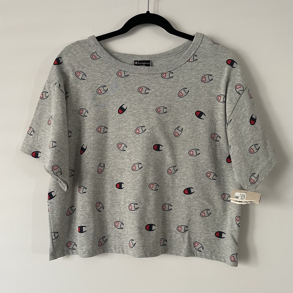 NWT Champion All Over Logo Print Boxy Cropped T Shirt Gray Size L 100% Cotton